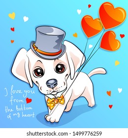 vector Valentine card with a cute little gentleman puppy Labrador Retriever dog and red hearts