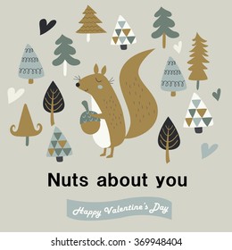 Vector valentine card with cute squirrel holding a nut and trees in cartoon style. 'Nuts about you' valentine card.