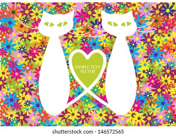vector valentine card design with two cats in silhouette isolated on colorful floral wallpaper