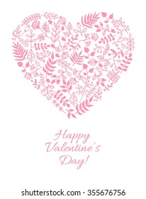 Vector Valentine card with doodle floral illustration in heart shape. Hand drawn