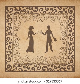 Vector Valentine card - illustration of couple of people in love in retro style on realistic parchment