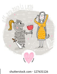 Vector Valentine Card with knight and lady