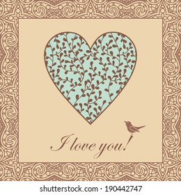 vector valentine card with orient lace pattern, spring heart and bird