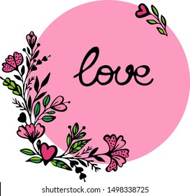 Vector. Valentine card, postcard with love, twigs in a rustic style, flowers in the shape of hearts, fantasy frame.
