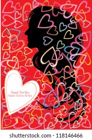 vector valentine card with pretty woman profile in silhouette and colorful hearts isolated on red background