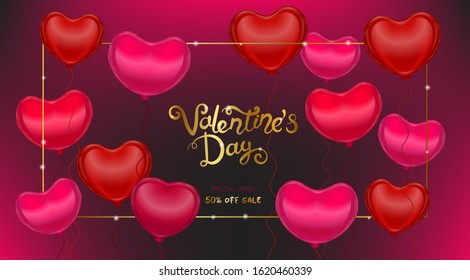 Vector Valentine card with realistic 3D baloon hearts and handwritten calligraphy title - Valenines day. Concept for horizontal poster, banner or invitation for All Lovers Day with lettering.