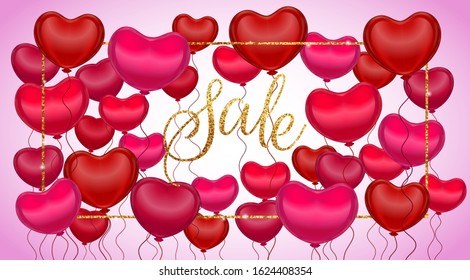 Vector Valentine card with realistic 3D balloon hearts and handwritten calligraphy title - Sale. Concept for horizontal poster, banner or invitation for All Lovers Day with lettering.