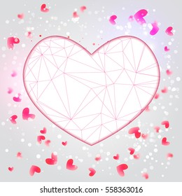 Vector Valentine card with shiny particles and blured background and polygonal heart for promo, banners.