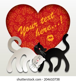 Tarjeta vectorial valentina con dos gatos blancos y negros enamorados contra un corazón rojo con fondo floral