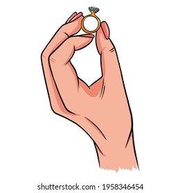 Vector valentine card. A woman hand holds a wedding ring. Vector illustration in cartoon style.