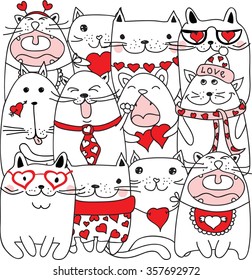 Vector Valentine cats with hearts.