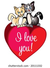 vector Valentine cats sitting on top of 3-D heart