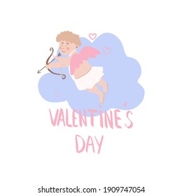 Vector valentine, cupid in love on a blue cloud, angel with wings and bow. Hand drawn illustration