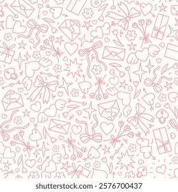 Vector Valentine day background. Romantic love all over print for fabric, goods or wrapping paper design. Doodle style seamless pattern with hearts, bows, stars, flowers, gift boxes, envelopes, arrows