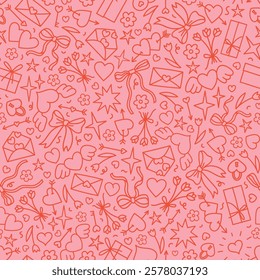 Vector Valentine day background. Romantic love all over print for fabric, goods or wrapping paper design. Doodle style seamless pattern with hearts, bows, stars, flowers, gift boxes, envelopes, arrows