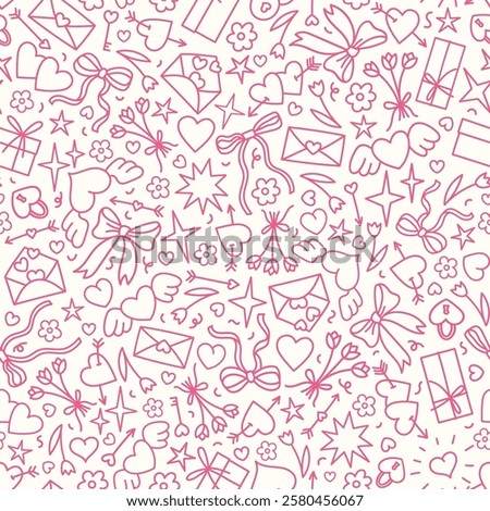 Vector Valentine day background. Romantic love all over print for fabric, goods or wrapping paper design. Doodle style seamless pattern with hearts, bows, stars, flowers, gift boxes, envelopes, arrows