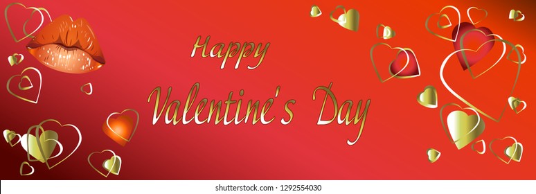Vector valentine day banner design. Heart and lips on the banner. Vector beautiful banner for Valentine's Day. Vector gradient background on the banner.