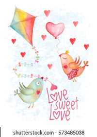 Vector Valentine Day Birds Couple With Heart And Kite On Blue Background. Watercolor Love Card