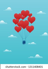 Vector valentine day card with couple on swing carried away by red heart balloons. 
