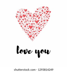 Vector valentine day card design with multiple hearts in the from of a big heart with love you phrase . Offest color on white background