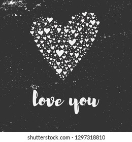 Vector valentine day card design with multiple hearts in the from of a big heart with love you phrase . Monochrome colors and textured background