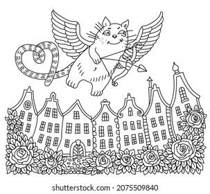 Vector Valentine Day card. Flying Cupid cat, hearts, rose flower, house silhouette. Adults and children coloring book page