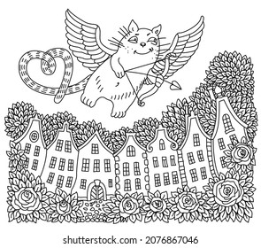 Vector Valentine Day card. Flying Cupid cat, hearts, rose flower, house silhouette. Adults and children coloring book page