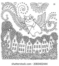 Vector Valentine Day card. Flying Cupid cat, hearts, rose flower, house silhouette. Adults and children coloring book page