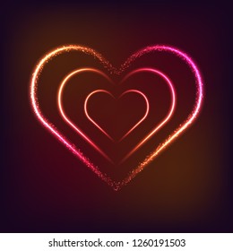 Vector Valentine day card. Shiny and glowing heart shape on dark red and pink background. Love symbol.