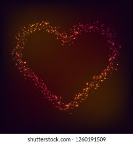 Vector Valentine day card. Shiny and glowing heart shape on dark red and pink background. Love symbol.