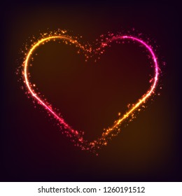 Vector Valentine day card. Shiny and glowing heart shape on dark red and pink background. Love symbol.