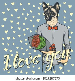 Vector valentine day concept. Illustration of cat head on human body with flowers, and lettering I Love You