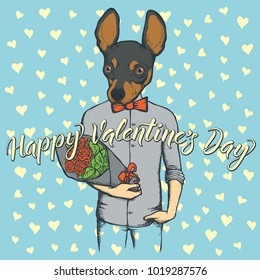 Vector valentine day concept. Illustration of dog head on human body with flowers, and lettering Happy Valantines Day