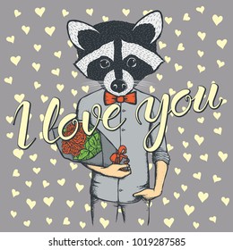 Vector valentine day concept. Illustration of raccoon head on human body with flowers, and lettering I Love You