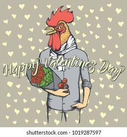 Vector valentine day concept. Illustration of rooster head on human body with flowers, and lettering Happy Valantines Day