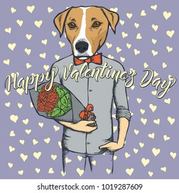 Concepto vectorial de día valentino. Ilustración de la cabeza de perro en el cuerpo humano con flores y letras Feliz Día de los Valantinos
