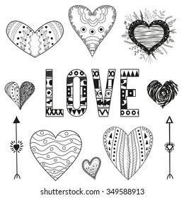 Vector valentine day design elements set, love decorative collection with arrows, hearts, lettering word. Doodle hand drawn style illustration for greeting card, t-shirts and bags print, scrapbooking