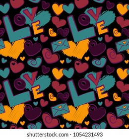 Vector Valentine Day design for greeting card. Hand drawn sketch heart art of marker or felt-tip pen drawing for Valentines card. Yellow, black and green hearts, love text and letter seamless pattern.