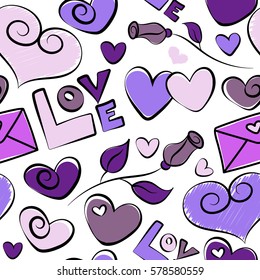 Vector Valentine Day design for greeting card. Hand drawn sketch heart art of marker or felt-tip pen drawing for Valentines card. Purple and violet hearts, love text, letter seamless pattern on white.