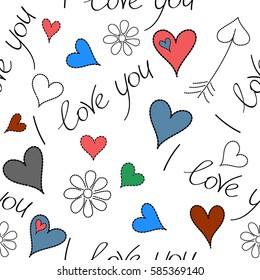 Vector Valentine Day design for greeting card. Hand drawn sketch heart art of marker or felt-tip pen drawing for Valentines card. Green, blue, pink hearts and I love you text seamless pattern on white