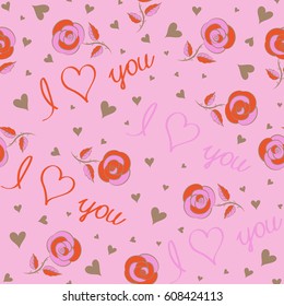 Vector Valentine Day design for greeting card. Hand drawn heart art of marker or felt-tip pen drawing for Valentines card. Pink and orange hearts, love text, flower seamless pattern.