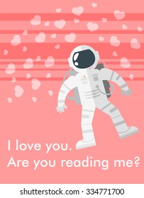 Vector Valentine day greeting card with astronaut in love. Cloud of hearts around a spaceman in spacesuit. I love you message in the bottom.