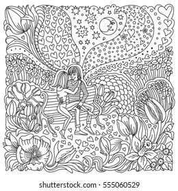 Vector Valentine Day greeting card. Ornate hearts, tulip flower silhouette. Adults coloring book square page. Hand drawn zen tangle contour thin line. Black and white sketch. T-shirt print. Batik 