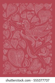 Vector Valentine Day greeting card. Ornate hearts and Angel silhouette. Fantastic illustration. Hand drawn zen tangle contour thin line .Pink red and white. T-shirt print. Batik paint. 