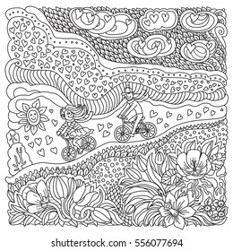 Vector Valentine Day greeting card. Hearts, tulip flower silhouette. Adults and children coloring book square page. Hand drawn zen tangle contour thin line.Black and white sketch.T-shirt print. Batik