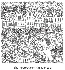 Vector Valentine Day greeting card. Cupid angel,  hearts, people silhouette, bench Adults and children coloring book square page. Hand drawn zen tangle contour thin line. Black and white.T-shirt print