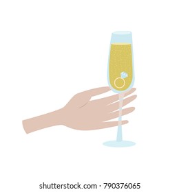 Vector valentine day greeting card in flat style - male hands holding a glass of champagne with ring in flat style