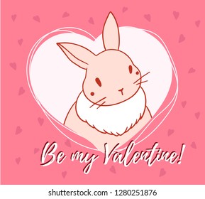 Vector valentine day illustration of cute one rabbit in heart frame on red background. Line art style design with text for web, site, greeting card, wedding invitation, banner, poster