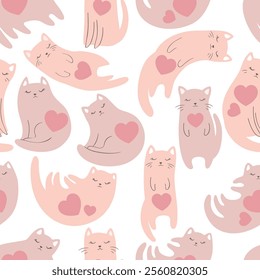 Vector Valentine Day illustration with cute hand drawn cats and hearts seamless pattern isolated on white background. Adorable animal design template for card print, poster, decoration