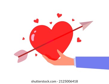 Vector Valentine Day illustration on white color background. Man hand with red shape heart pierced by cupid arrow. Flat style romantic design of sharing love heart for Valentine's Day greeting card